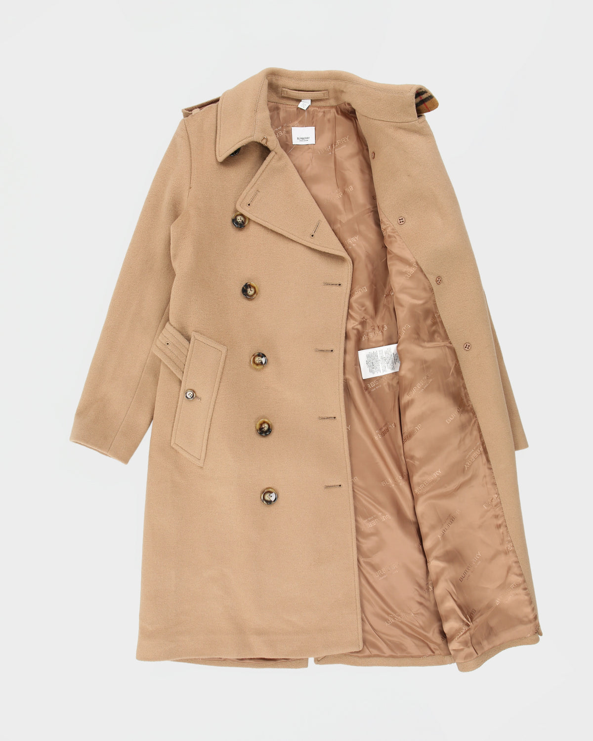 A/W 2024 Burberry Women's Camel Tan Cashmere Kensington Heritage Double Breasted Trench Coat - XS