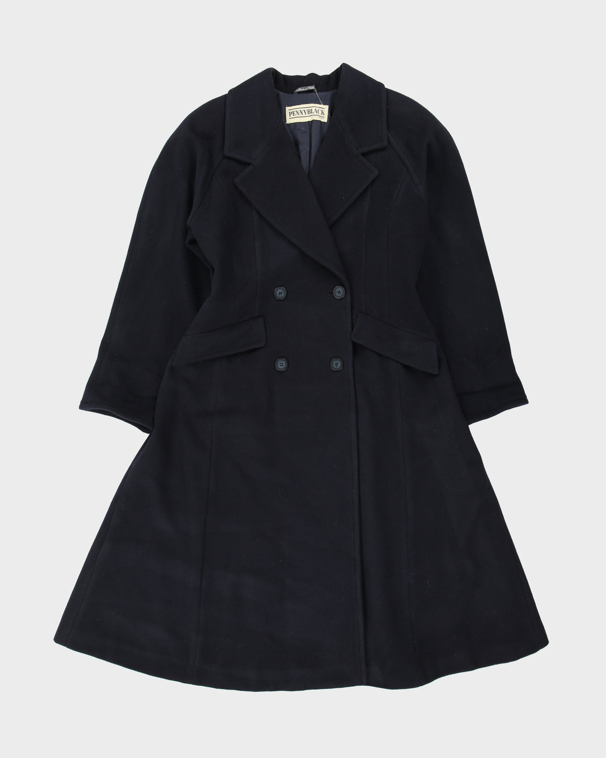 Vintage 1990s Penny Black Women's Navy Wool Made In Italy Double Breasted Full Length Over Coat - M