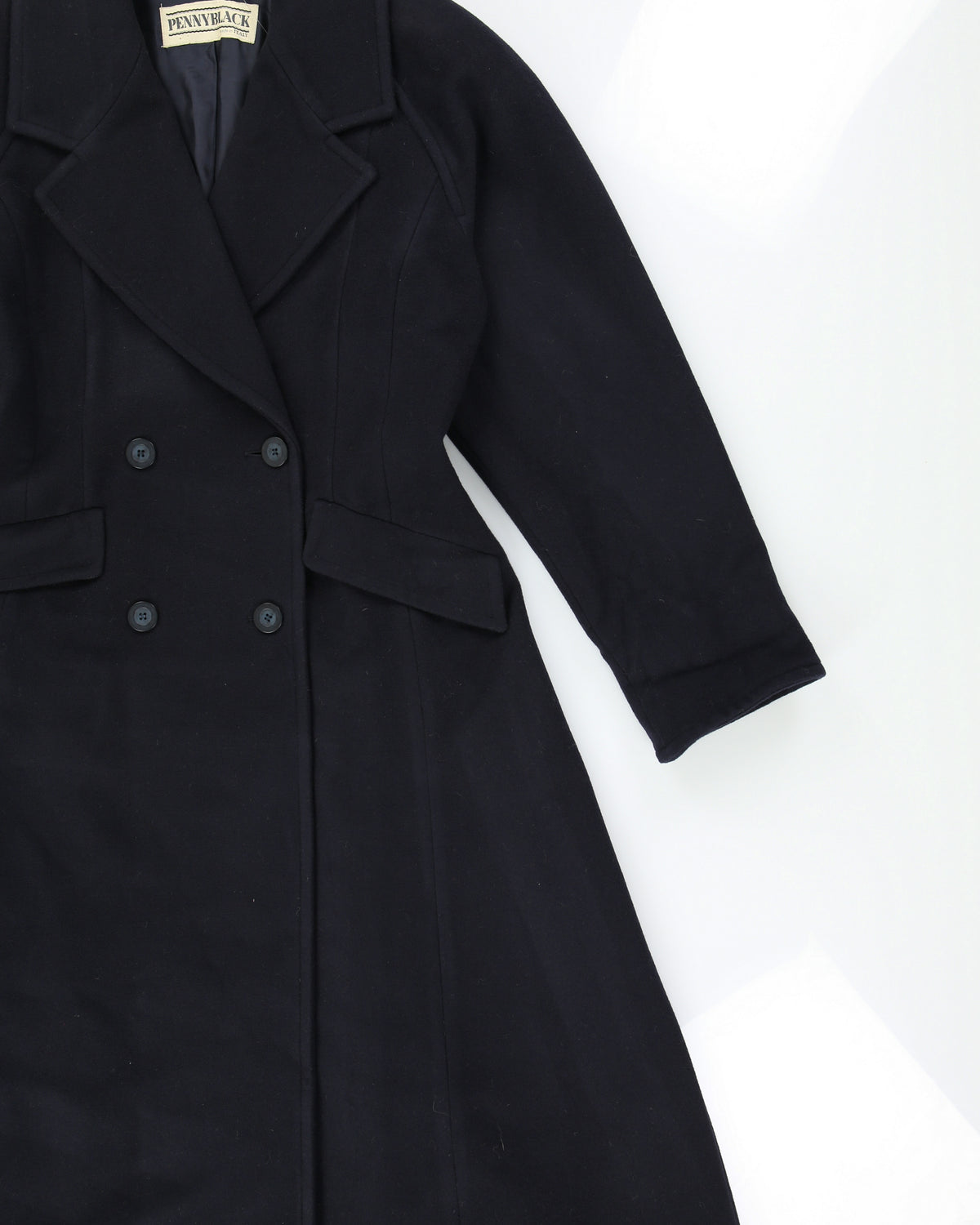 Vintage 1990s Penny Black Women's Navy Wool Made In Italy Double Breasted Full Length Over Coat - M
