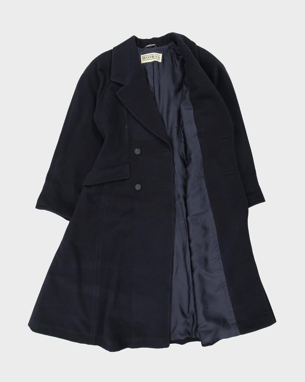 Vintage 1990s Penny Black Women's Navy Wool Made In Italy Double Breasted Full Length Over Coat - M