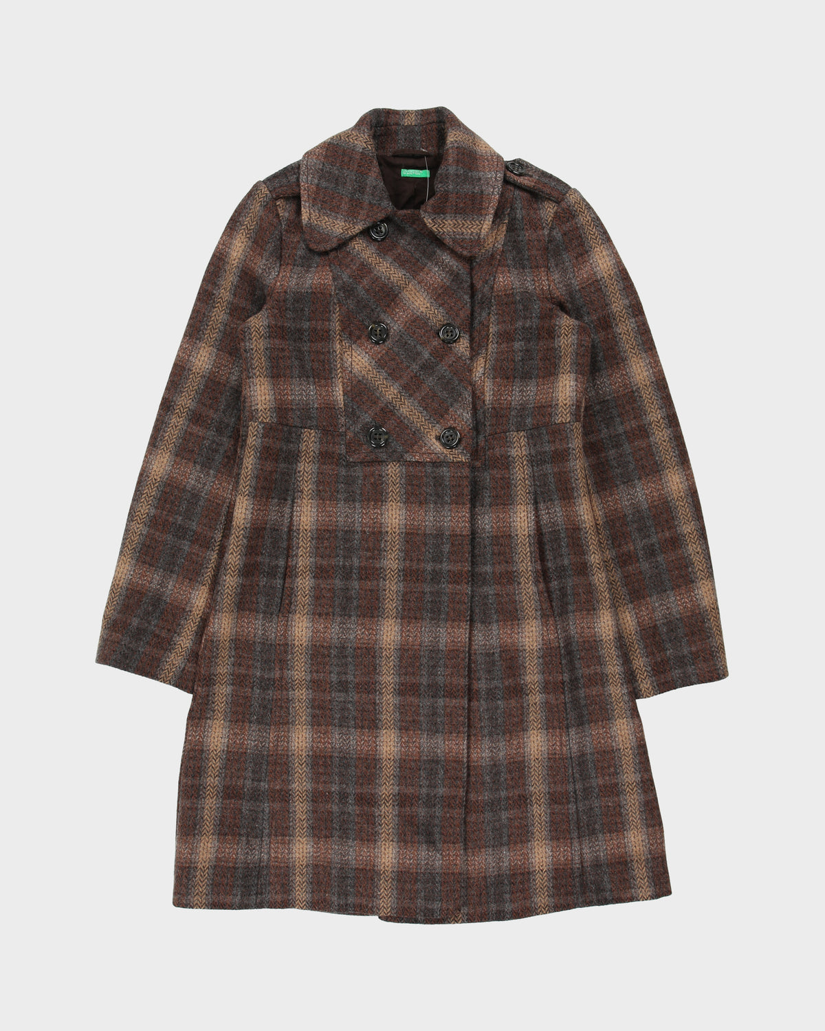 Vintage Y2K 00s United Of Benetton Plaid Wool Double Breasted Mid Length Over Coat - XS