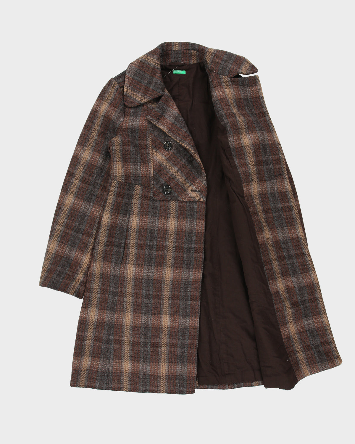 Vintage Y2K 00s United Of Benetton Plaid Wool Double Breasted Mid Length Over Coat - XS