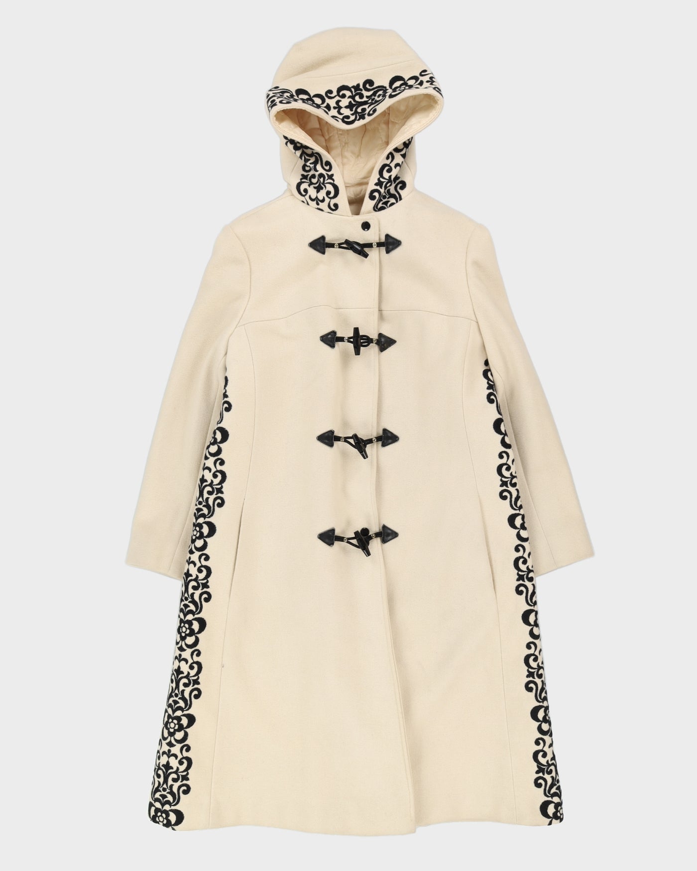 1990s Cream Embroidered Hooded Coat - S