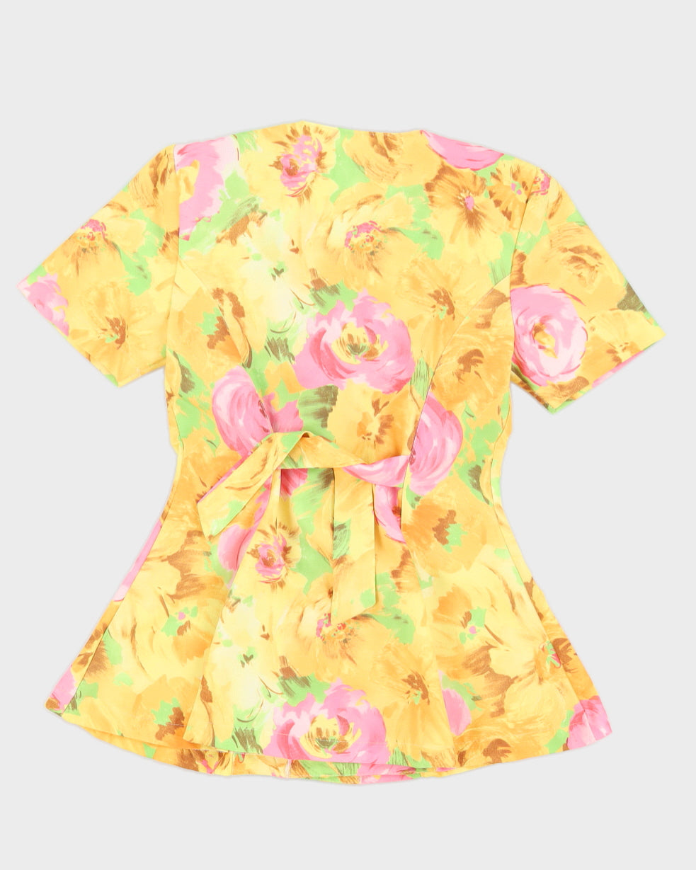 00s Yellow Floral Short Sleeve Blazer Jacket - M
