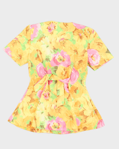 00s Yellow Floral Short Sleeve Blazer Jacket - M