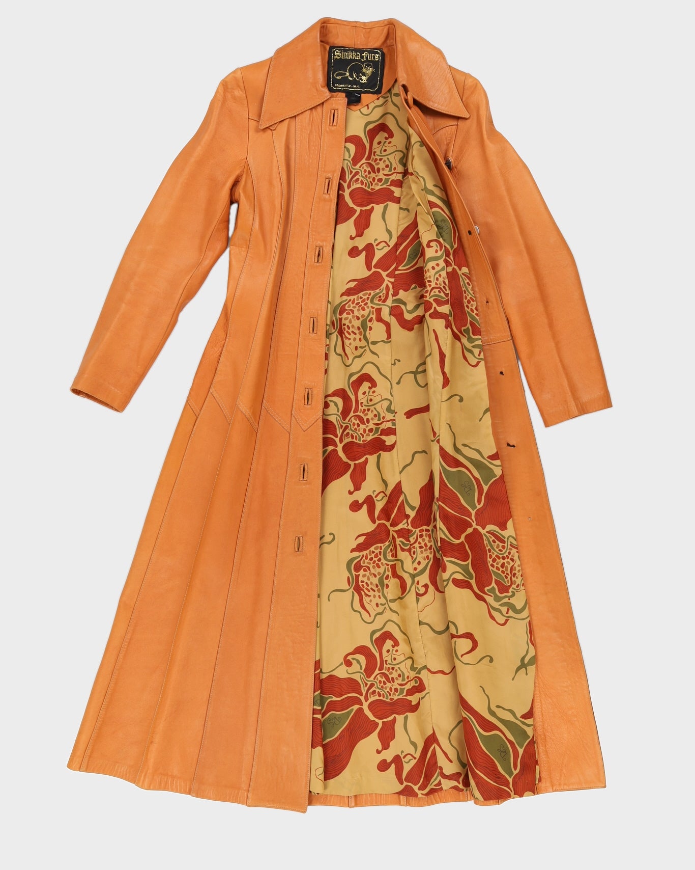 Vintage 70s Sinnika Furs Orange Leather Coat - XS