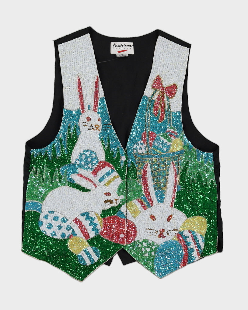 Vintage 90s Fashion Fantasy Sequin Easter Bunny Vest - M