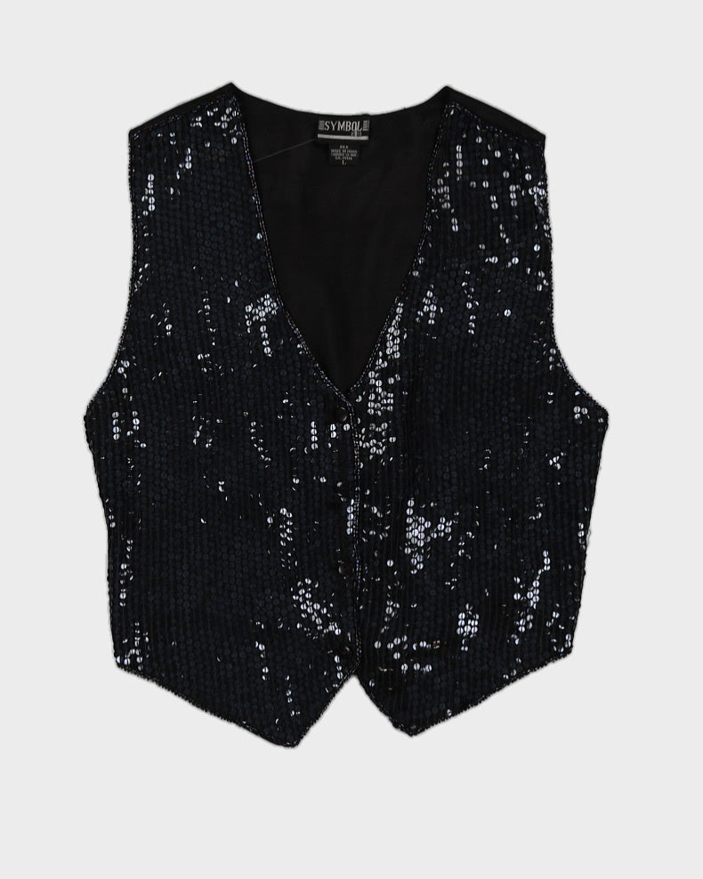 Vintage 90s Symbol 2000 Black Silk Sequin Vest - L