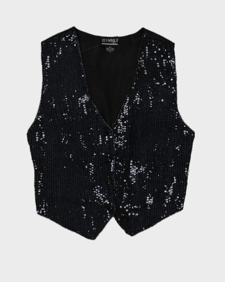 Vintage 90s Symbol 2000 Black Silk Sequin Vest - L