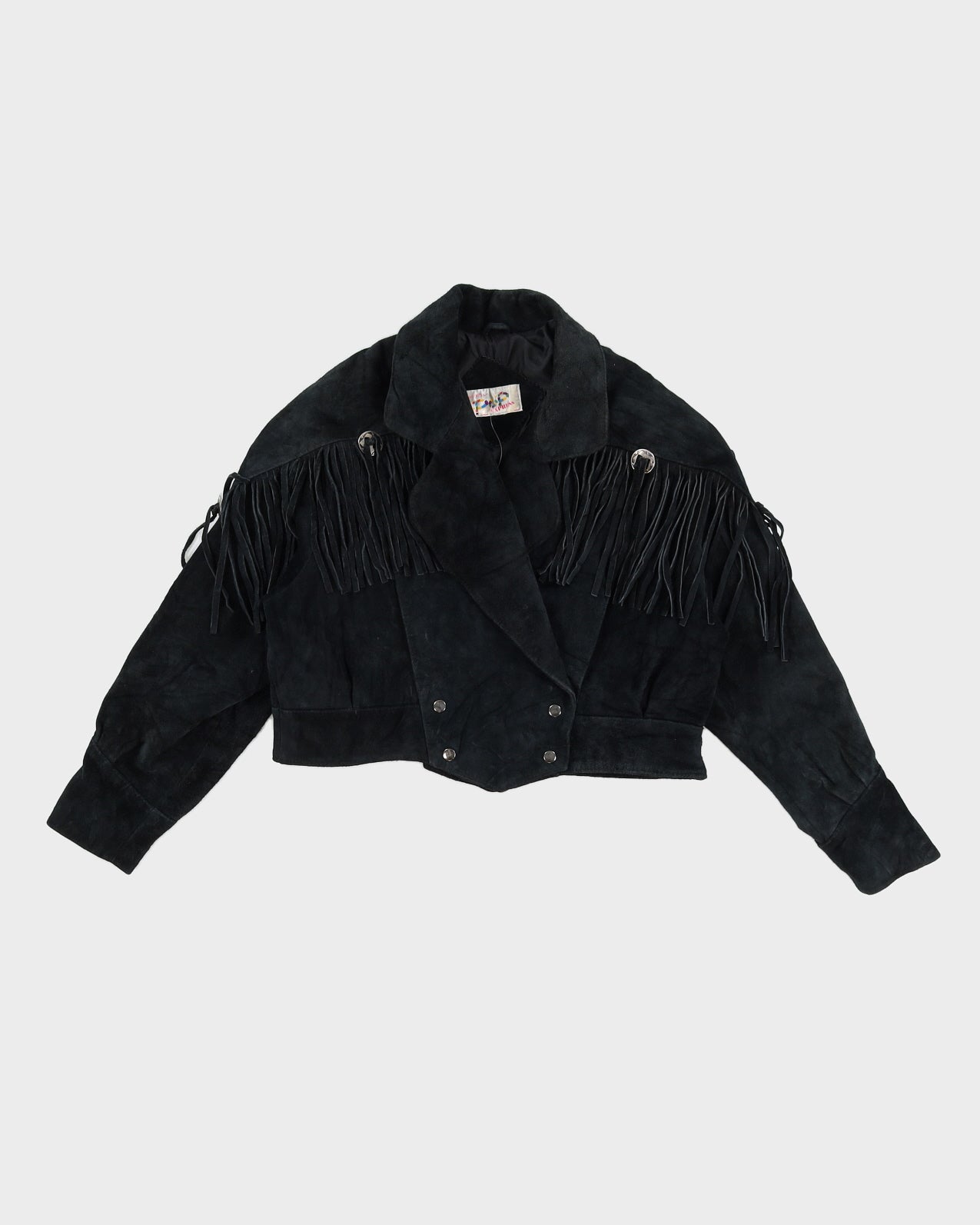 Vintage 80s Black Cropped Suede Tassel Jacket - M