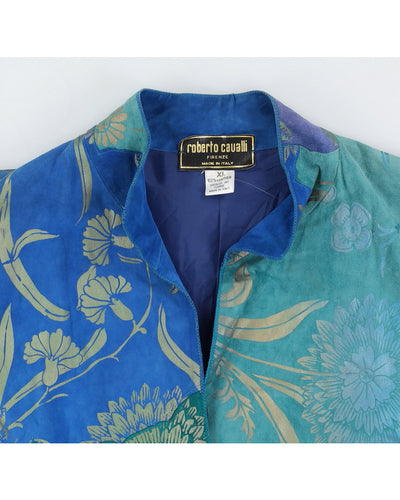 Vintage 80s Roberto Cavalli Blue & Green Floral Suede Jacket - XL