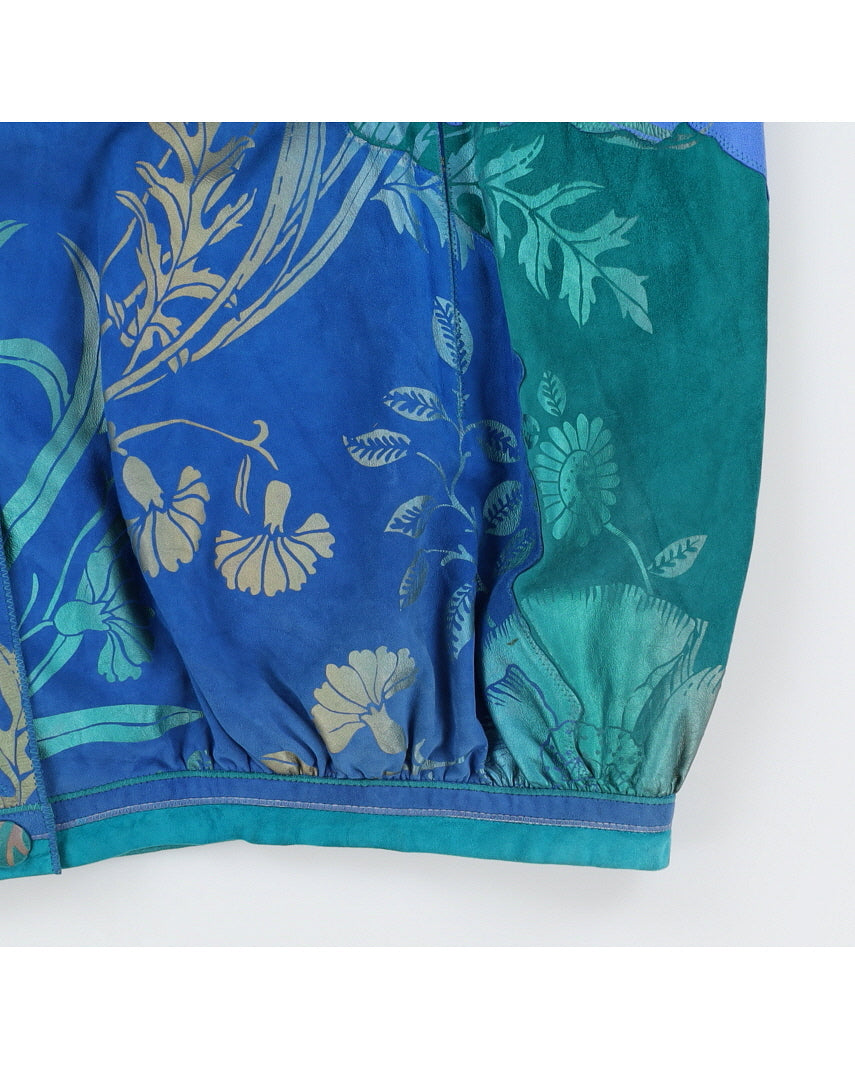 Vintage 80s Roberto Cavalli Blue & Green Floral Suede Jacket - XL
