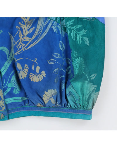 Vintage 80s Roberto Cavalli Blue & Green Floral Suede Jacket - XL