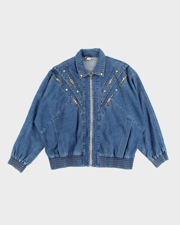 Vintage 80's Rhinestone Denim Zip Up Jacket - L