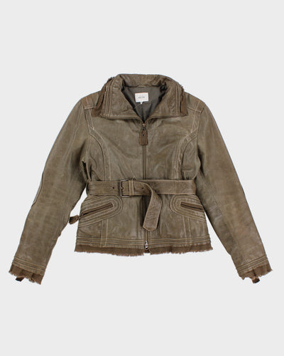 Prune Green Belted Leather Jacket - M