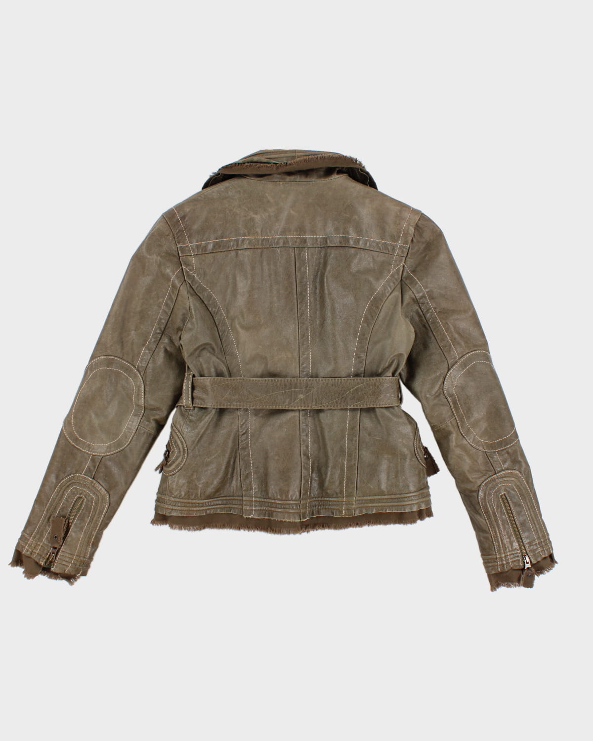 Prune Green Belted Leather Jacket - M