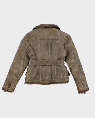 Prune Green Belted Leather Jacket - M