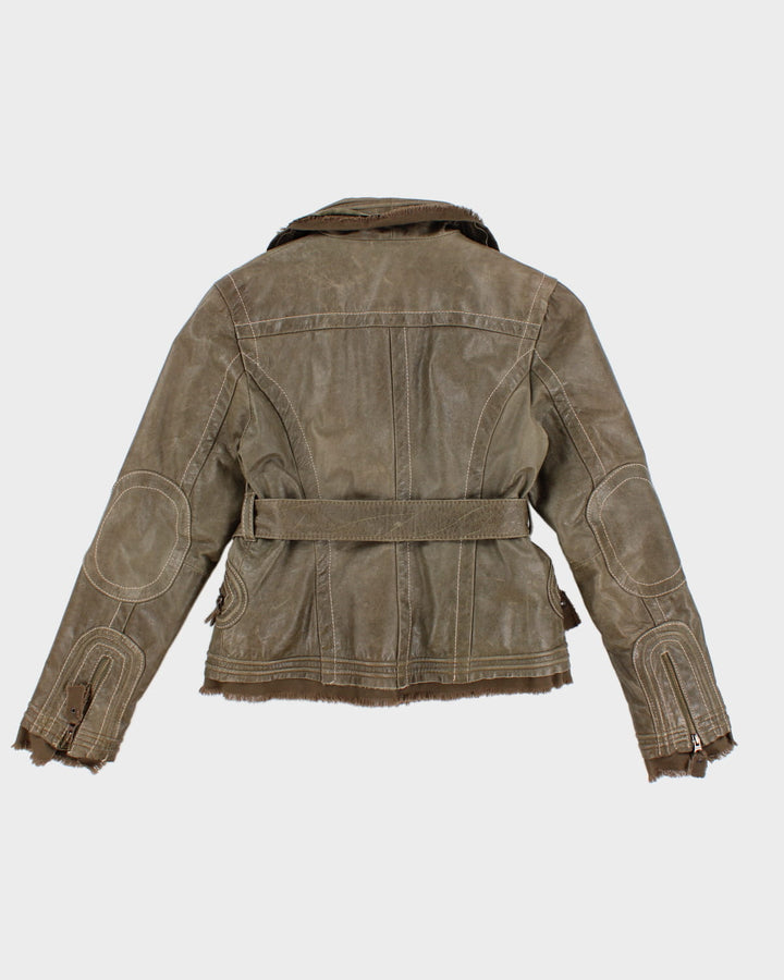 Prune Green Belted Leather Jacket - M