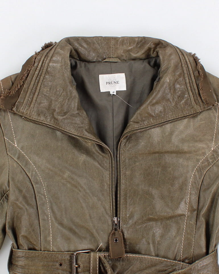 Prune Green Belted Leather Jacket - M