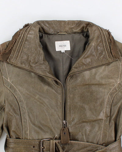 Prune Green Belted Leather Jacket - M
