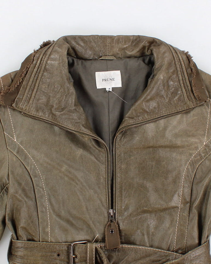 Prune Green Belted Leather Jacket - M