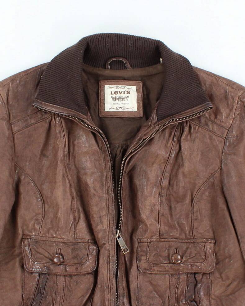 Levi's brown leather jacket womens sales