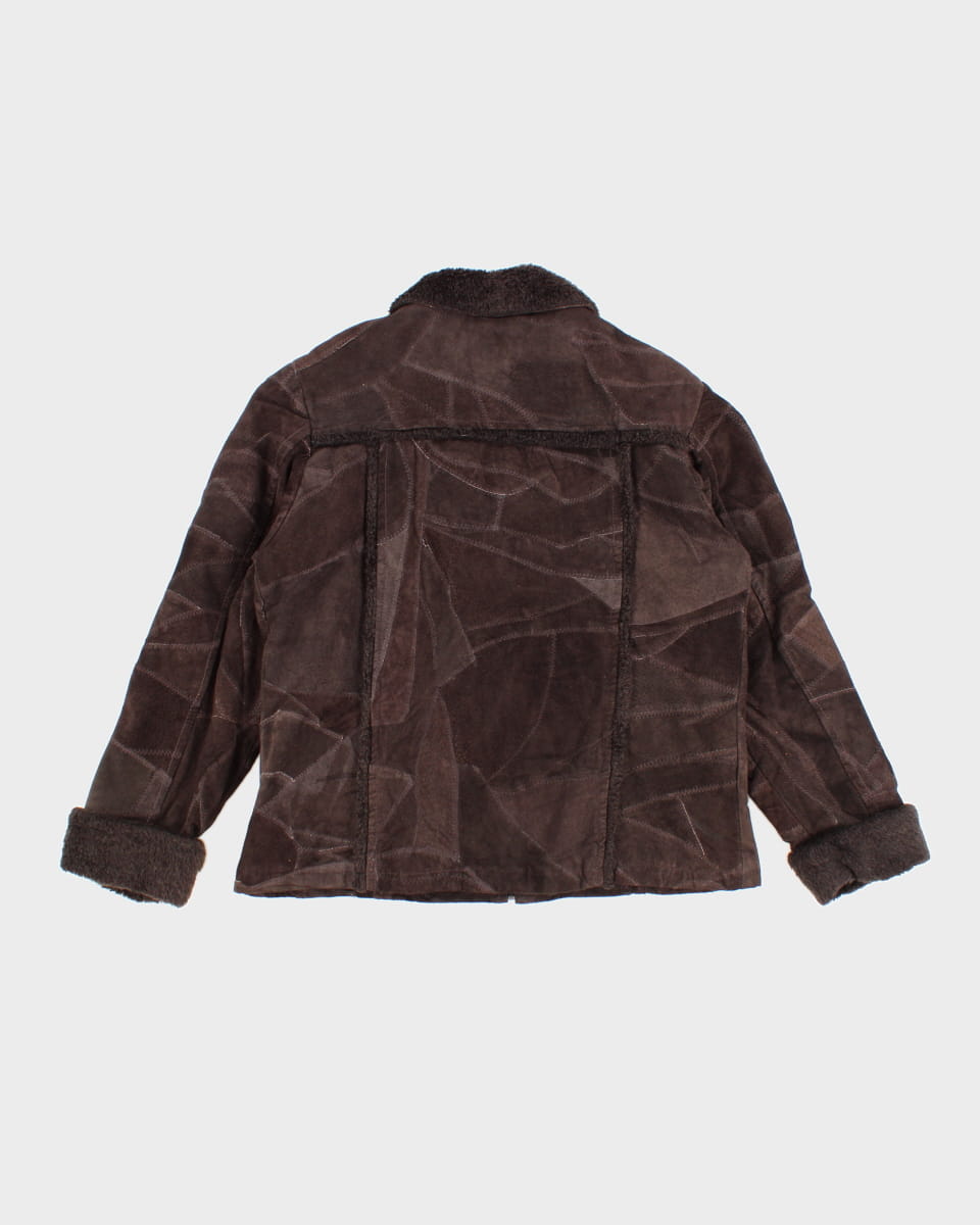Vintage 90s Leather Works Faux Fur Collared Patchwork Jacket - L