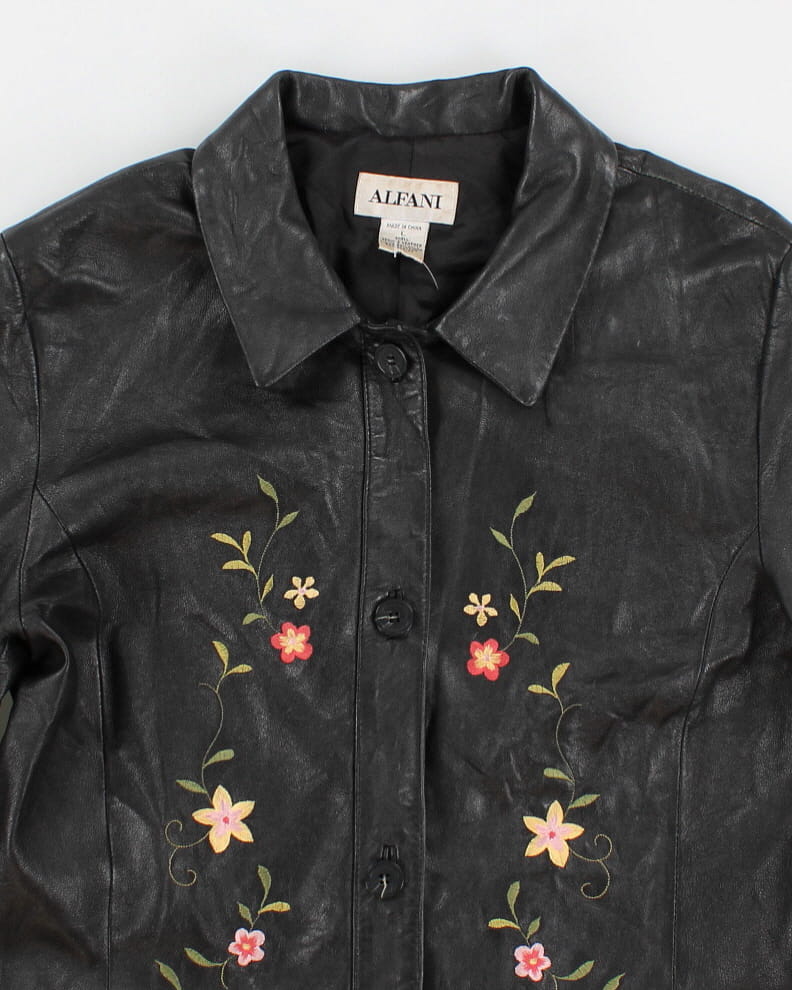 Vintage 90s Alfani Floral Embroidered Leather Jacket - L
