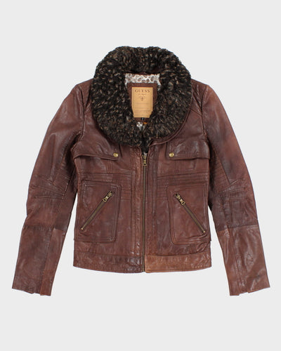 Guess Brown Leather Faux Fur Jacket - XS