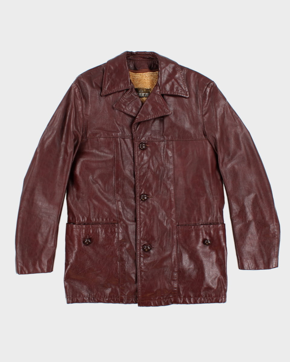 70's Burgundy Leather Button Up Coat - M
