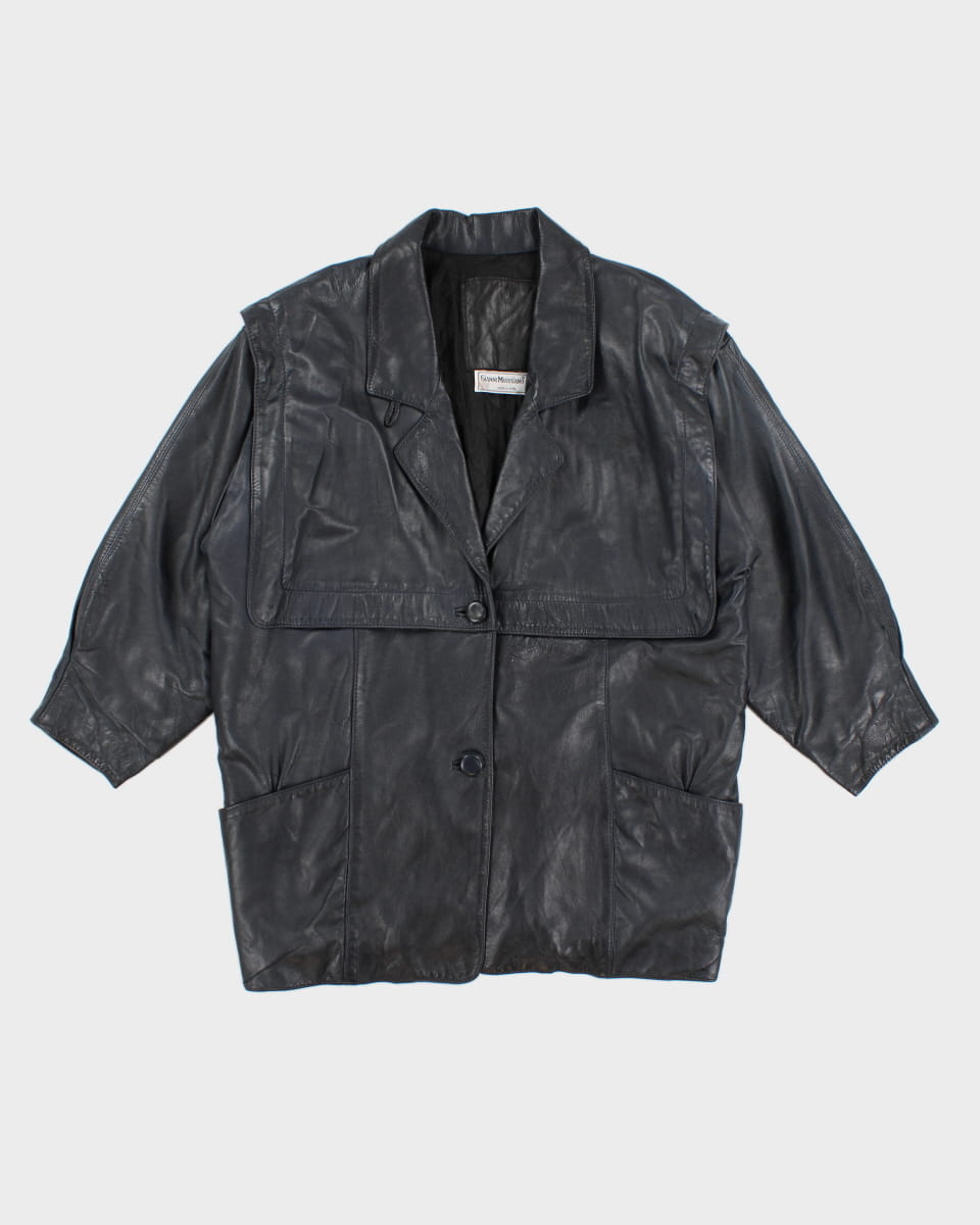 Women's 80's Navy Leather Button Up Coat - M/L