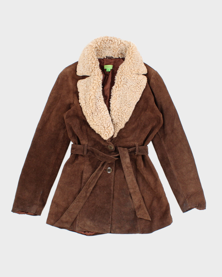 John Carlisle Sherpa Collared Belted Suede Coat - S