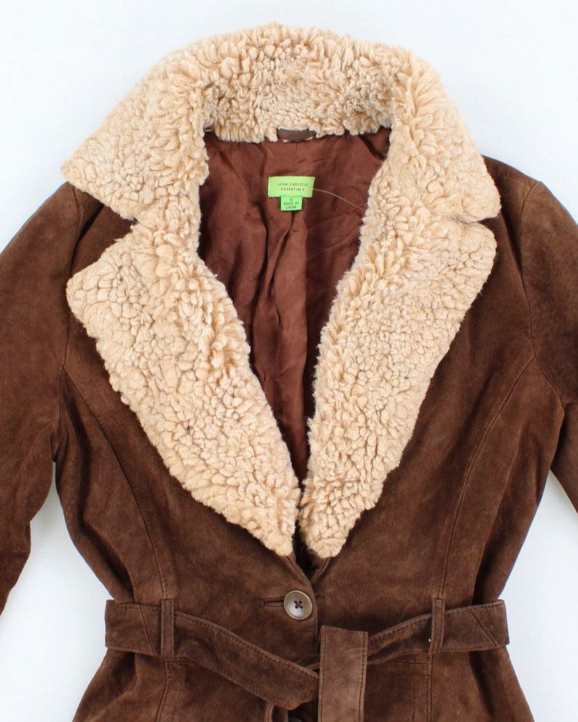 John Carlisle Sherpa Collared Belted Suede Coat - S