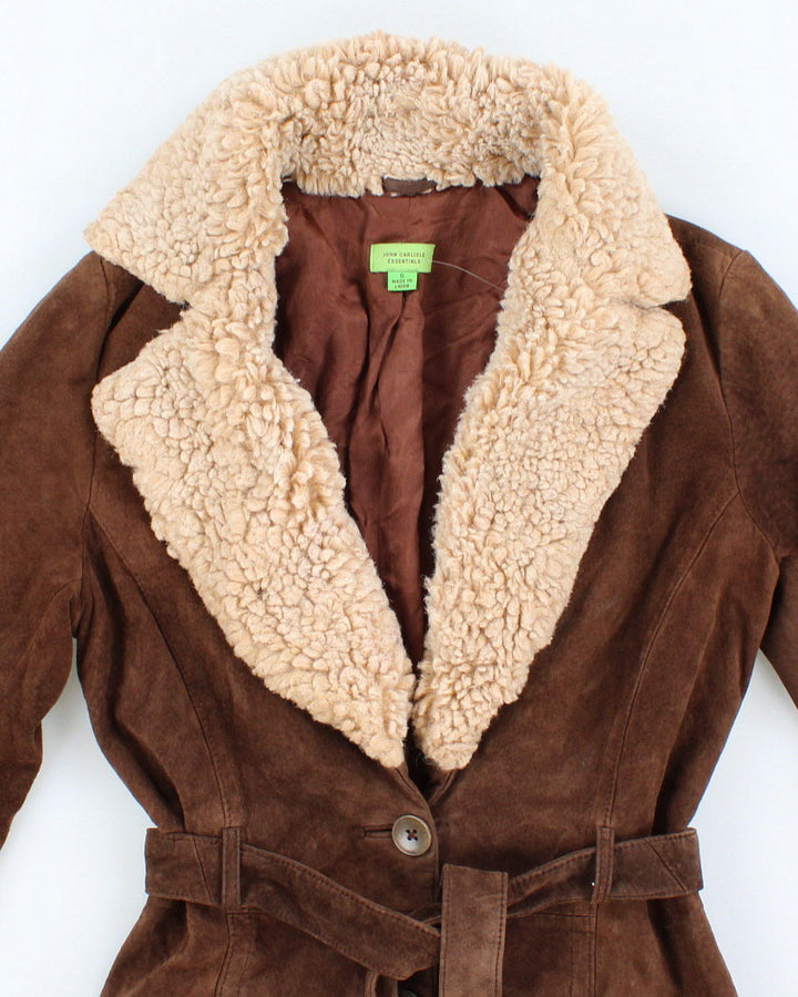 John Carlisle Sherpa Collared Belted Suede Coat - S