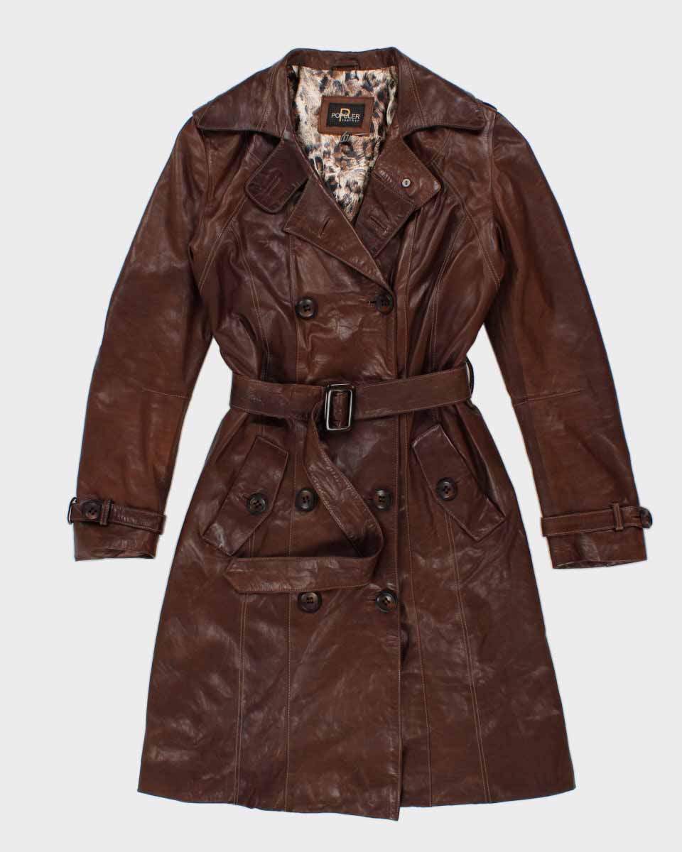 Womens Brown Leather Long Trench Coat - S