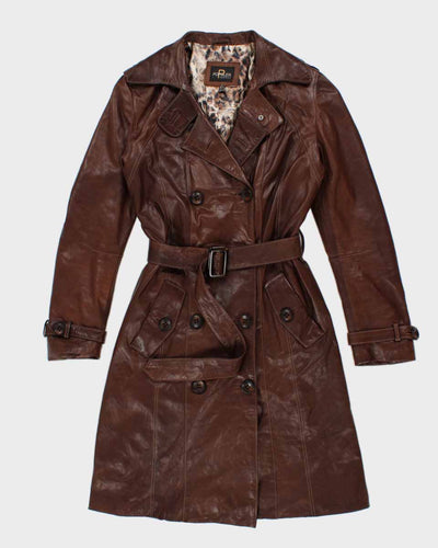 Womens Brown Leather Long Trench Coat - S