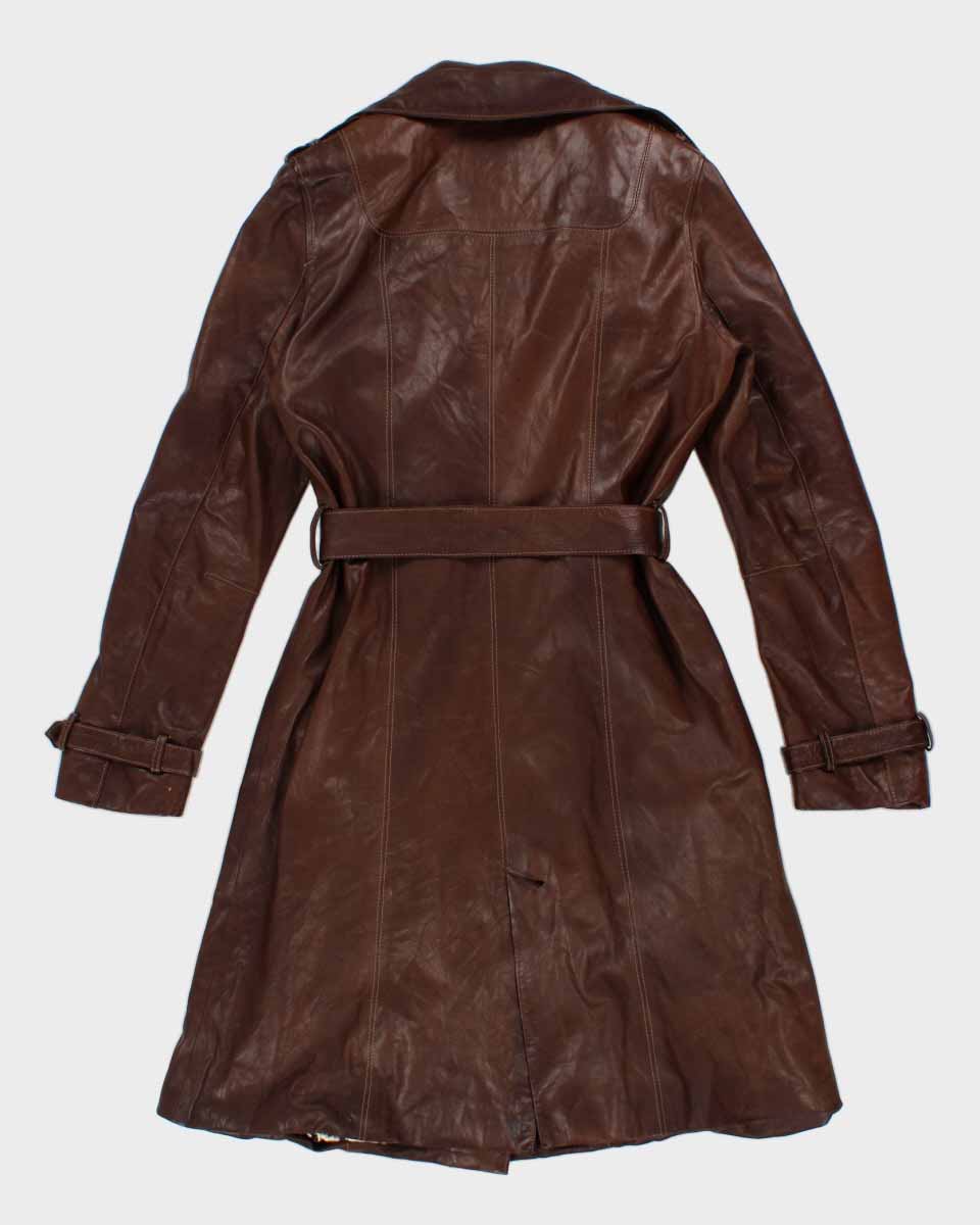 Womens Brown Leather Long Trench Coat - S