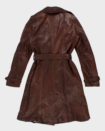Womens Brown Leather Long Trench Coat - S
