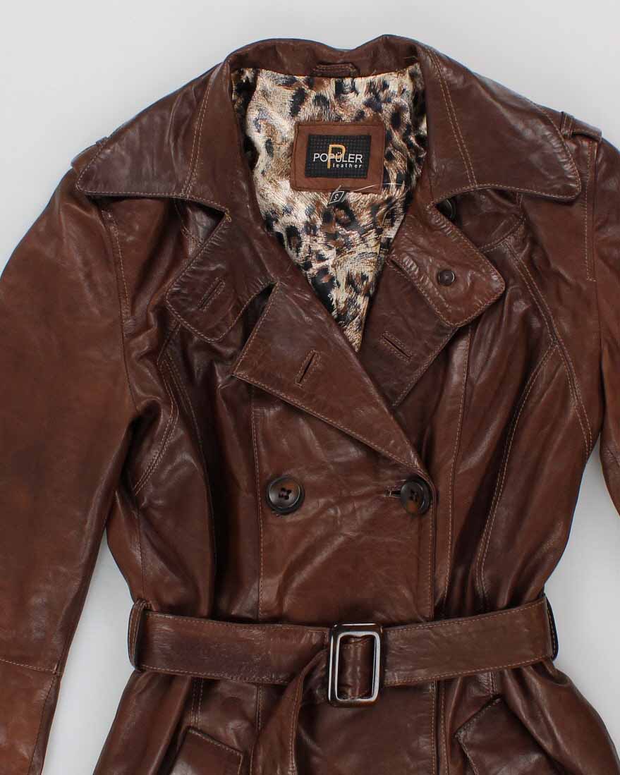 Womens Brown Leather Long Trench Coat - S