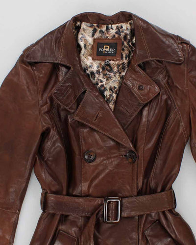 Womens Brown Leather Long Trench Coat - S