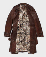Womens Brown Leather Long Trench Coat - S