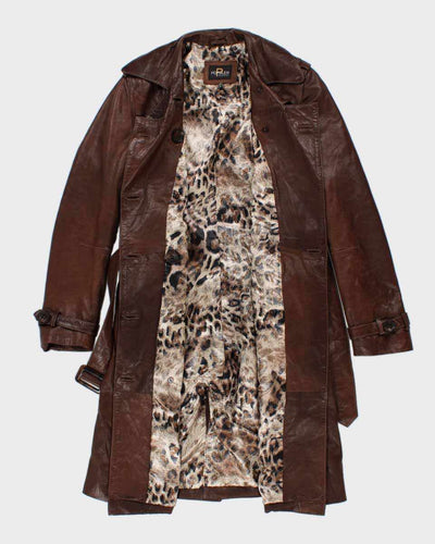 Womens Brown Leather Long Trench Coat - S