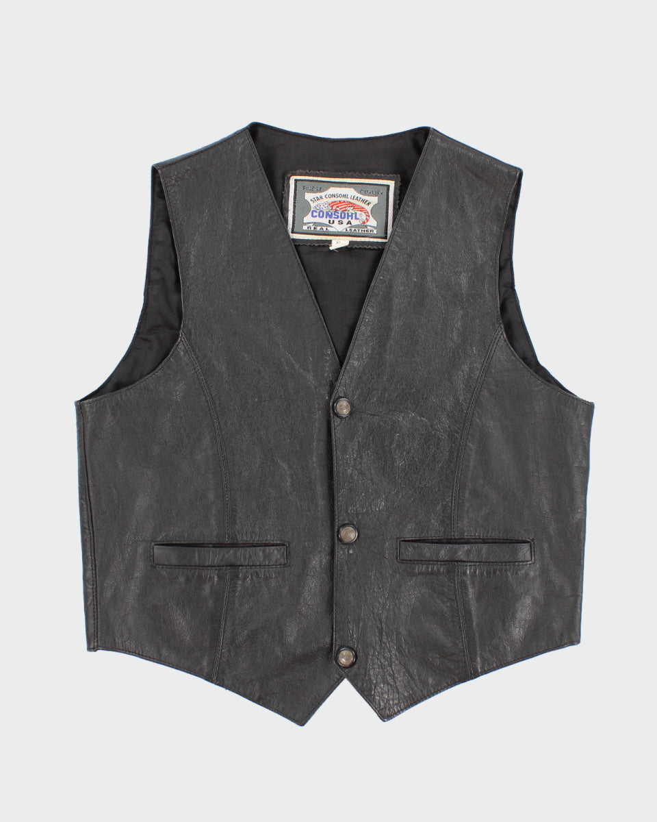 Womens 1990s Black Leather Biker Vest - XL