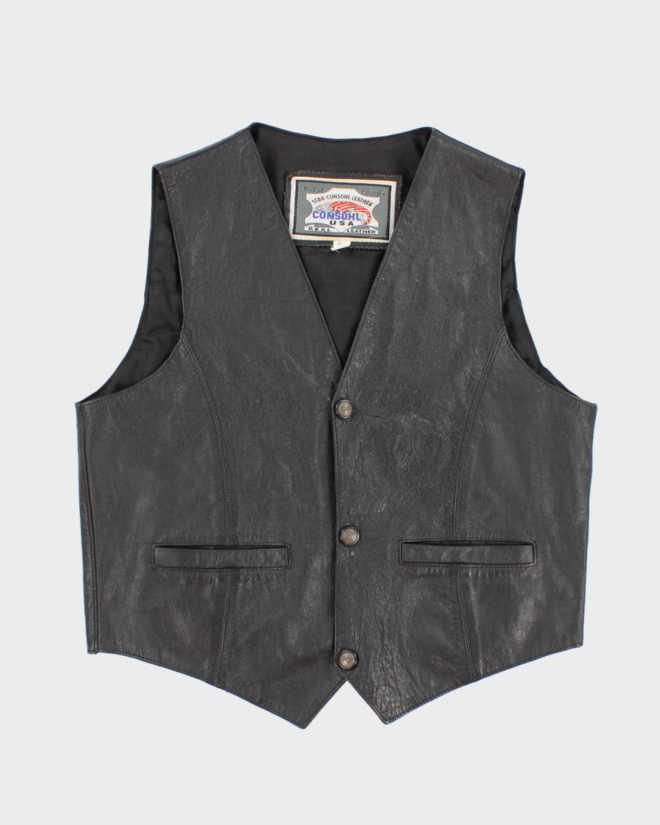 1990s Black Leather Biker Vest - XL