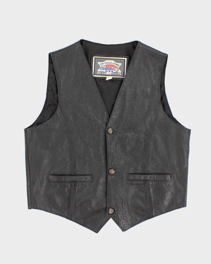 1990s Black Leather Biker Vest - XL
