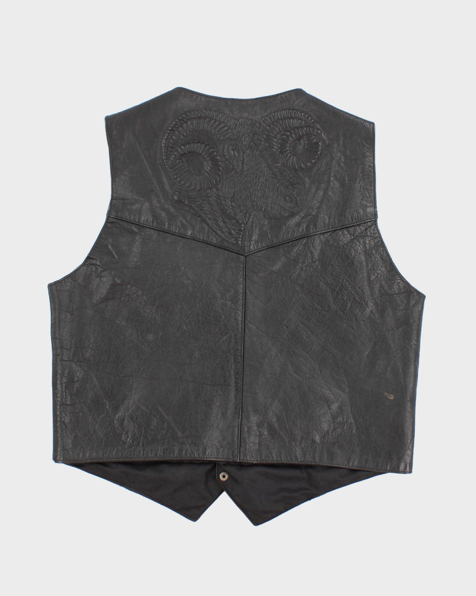 1990s Black Leather Biker Vest - XL