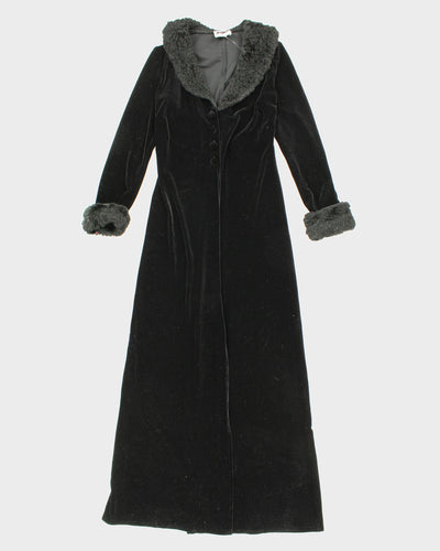 Womens Black Long Velvet Button Up Lightweight Coat - S