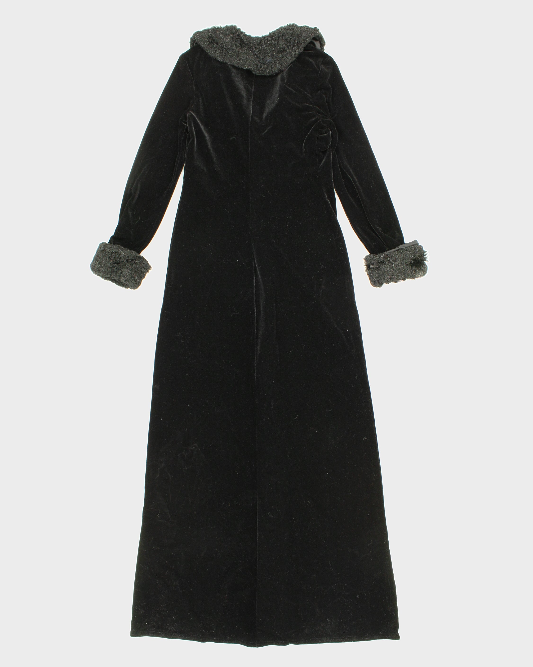 Womens Black Long Velvet Button Up Lightweight Coat - S