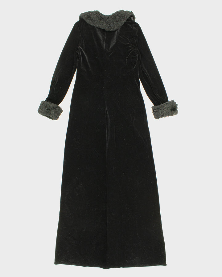 Womens Black Long Velvet Button Up Lightweight Coat - S