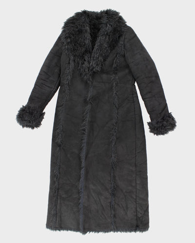 Womens Black Bebe Faux Suede and Fur Long Coat - L